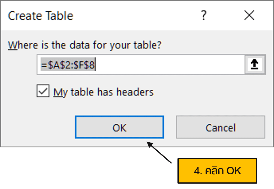 Create Table จาก Range ที่เลือกเข้า Power Query Editor