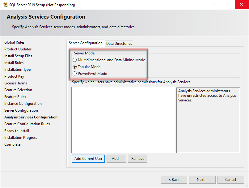รูปภาพแสดงการเลือก Server Mode เพื่อกำหนด Data Model ระหว่างติดตั้ง Microsoft SQL Server Analysis Service (SSAS)
