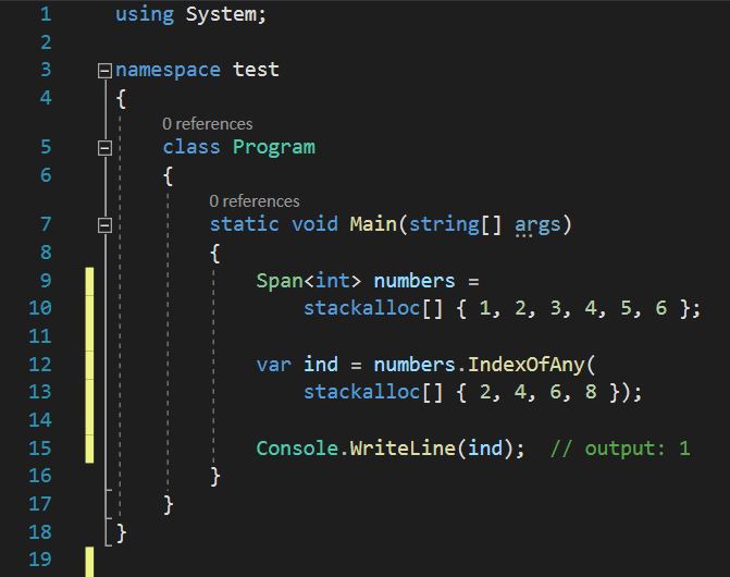 โค้ดตัวอย่างการใช้นิพจน์  stackalloc ซ้อนไว้ภายในนิพจน์อื่น ๆ