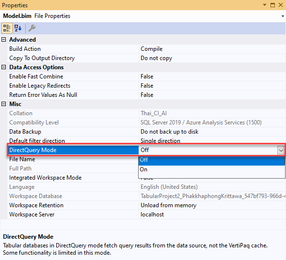 ภาพแสดง Properties DirectQuery Mode ของ Model