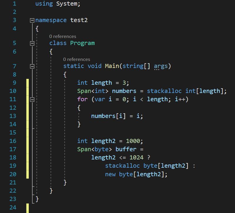 โค้ดตัวอย่างการใช้งานนิพจน์  stackalloc 