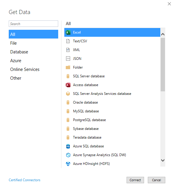 ภาพแสดงแหล่งข้อมูลที่หลากหลายสำหรับ Get Data