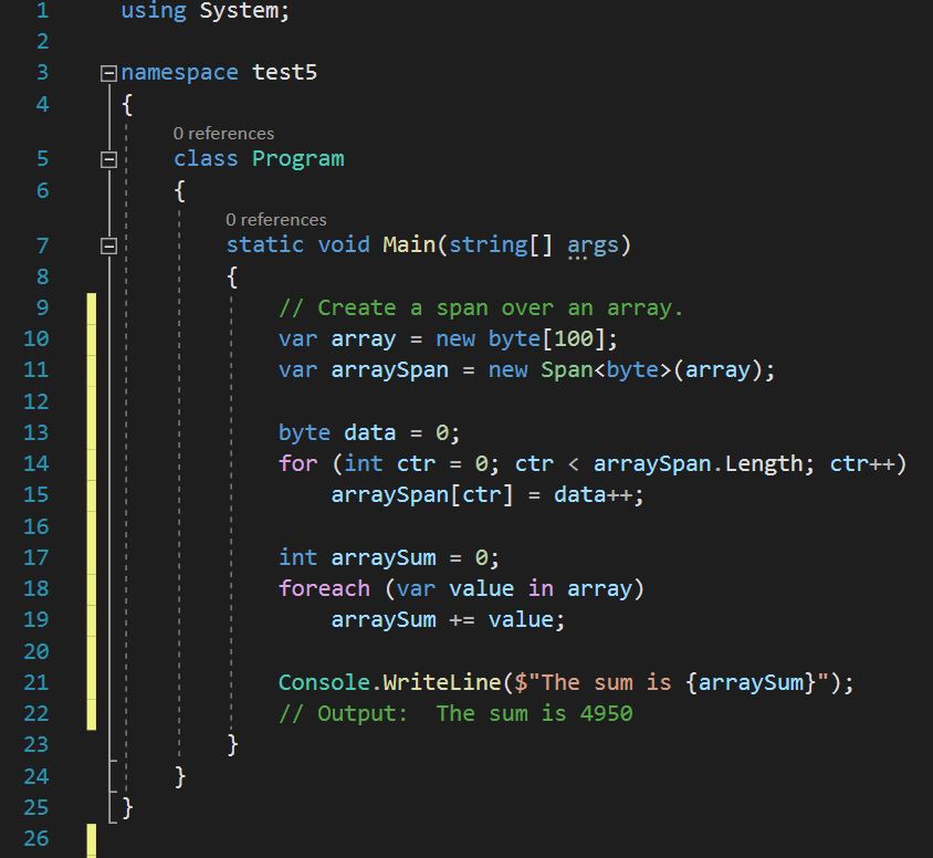 โค้ดตัวอย่างการสร้าง Span กับพื้นที่ใน array 