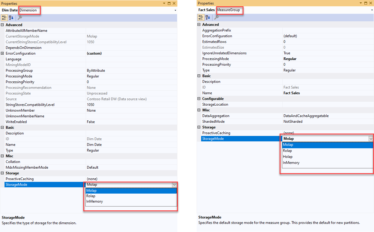 รูปภาพแสดงให้เห็น Storage Mode ใน Dimension และ Measure Group