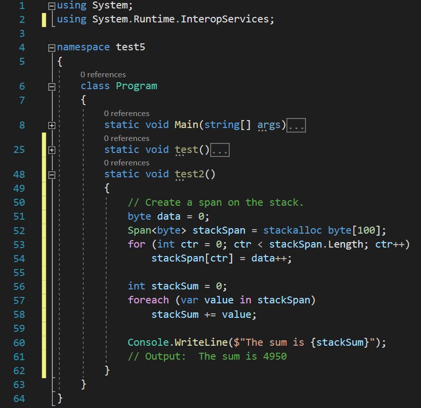 โค้ดตัวอย่างการสร้าง Span กับพื้นที่ใน Stack