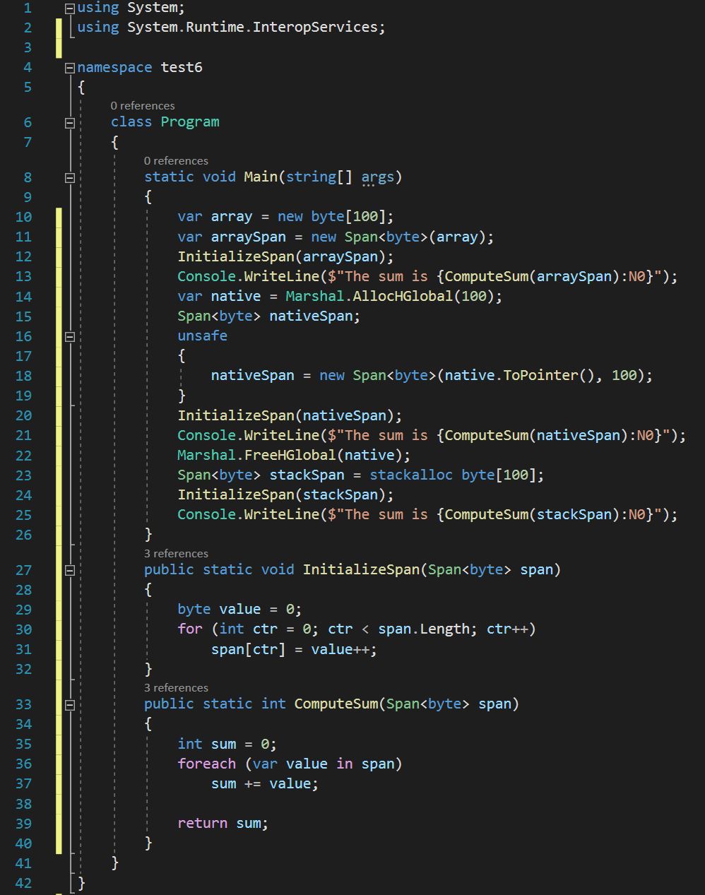 โค้ดตัวอย่างการสร้างและใช้งาน Span กับหน่วยความจำทั้งสามแบบ