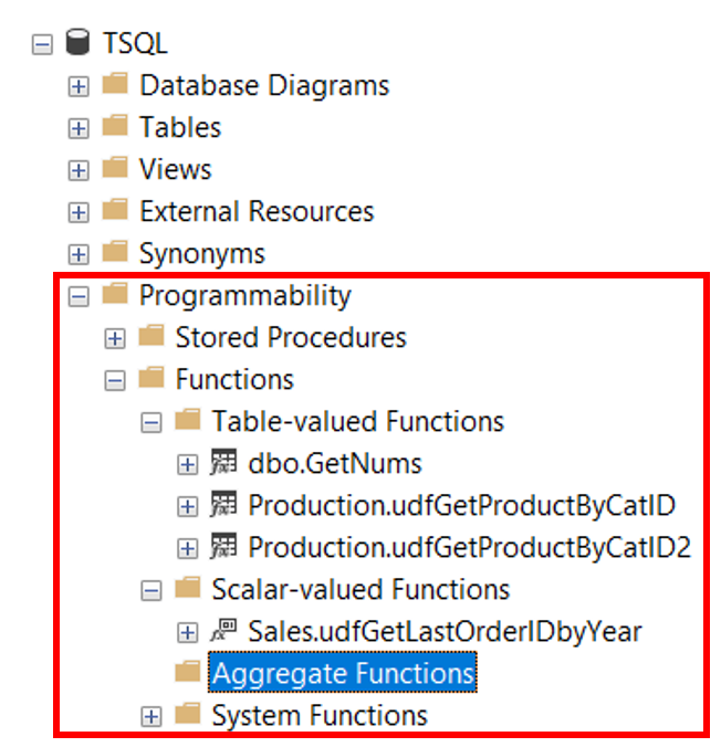 โฟลเดอร์ Programmability ในฐานข้อมูล แสดงรายการฟังก์ชันประเภทต่างๆ