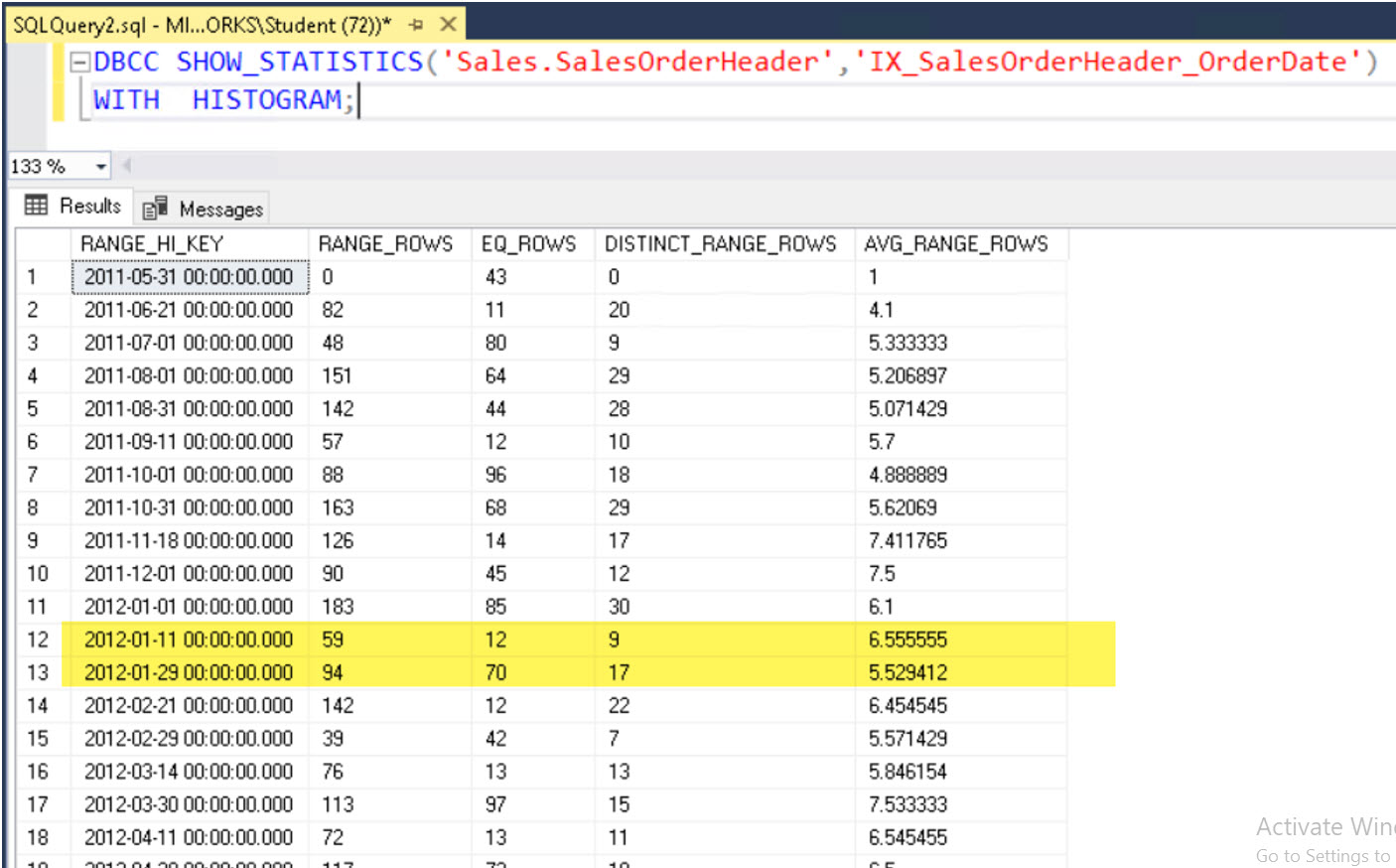 ค่าในฮีตโตแกรม หลังจาก Run คำสั่ง DBCC SHOW_STATISTICS