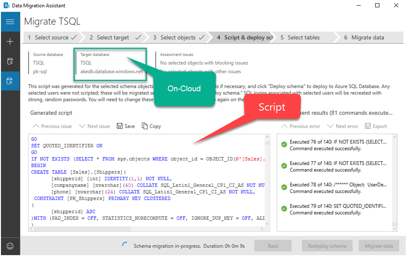 ภาพแสดงการ deploy TSQL Script ลงบน Azure SQL Database