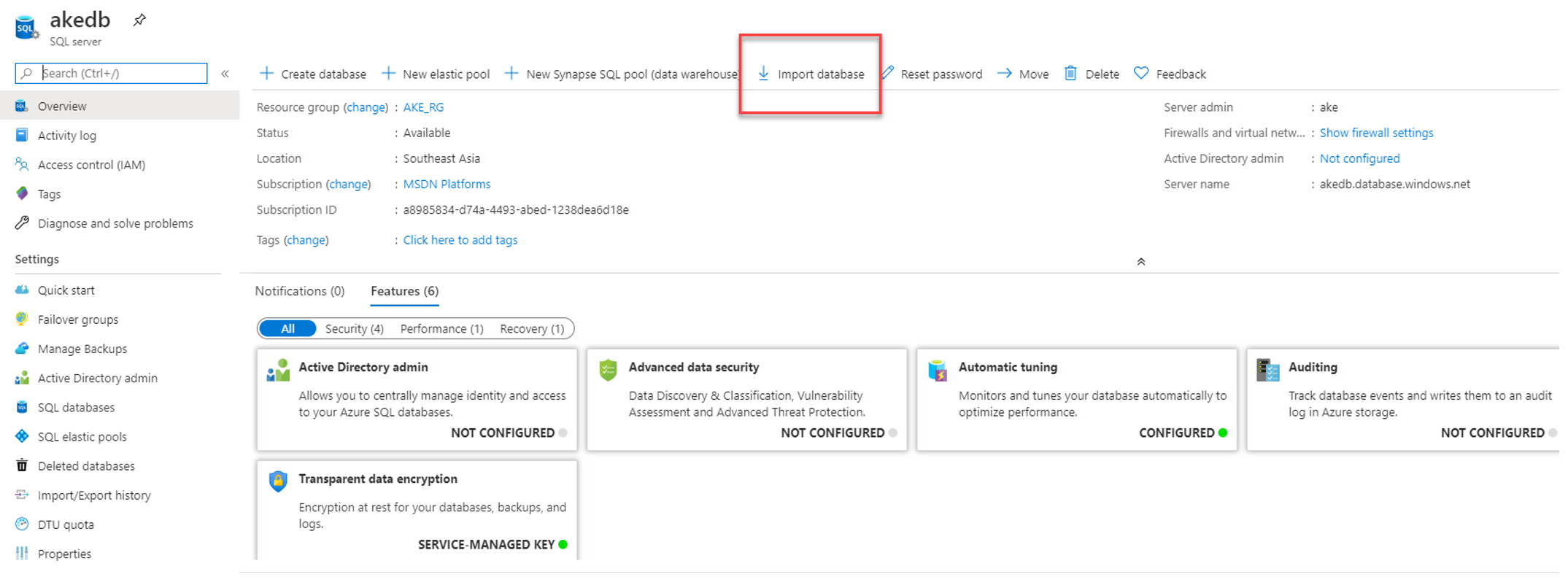 ภาพแสดงเมนู Import Database บนหน้าจอในการจัดการ Azure SQL Database Server