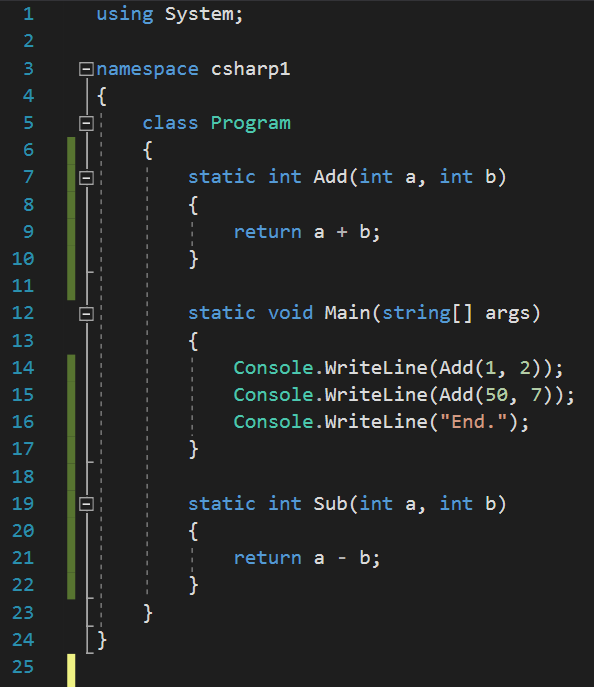 ตัวอย่างโค้ดภาษาซีชาร์พที่แสดงให้เห็นว่าเราสามารถใส่นิยามเมธอดไว้ก่อนหน้าหรือหลังโค้ดที่จะเรียกใช้ก็ได้