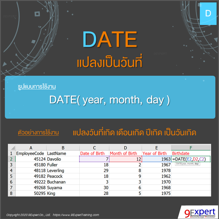 ฟังก์ชัน DATE แปลงเป็นวันที่