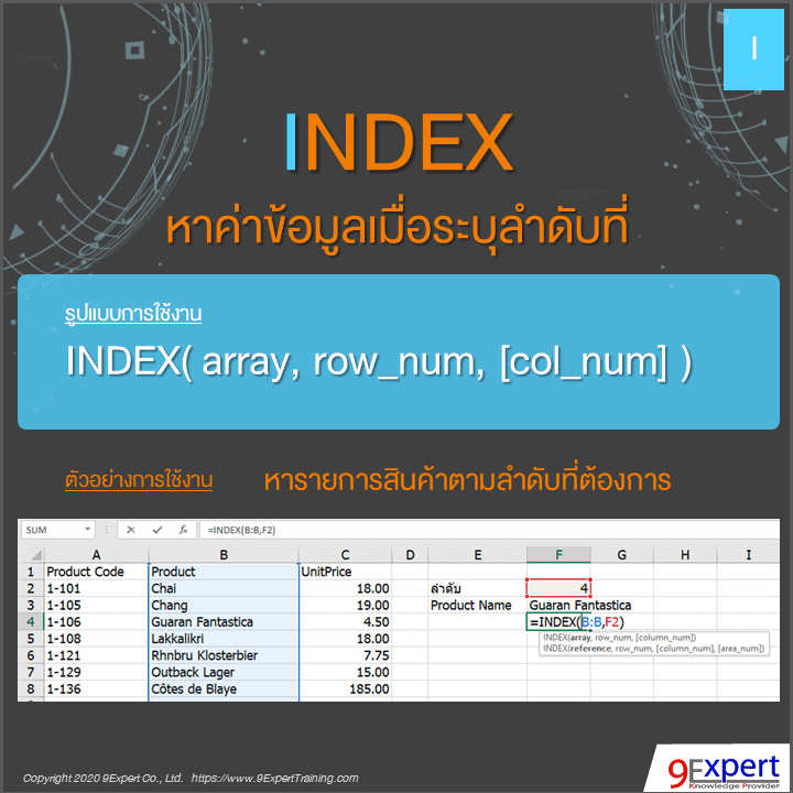 ฟังก์ชัน INDEX ของ Excel ใช้หาค่าโดยระบุลำดับที่ต้องการ