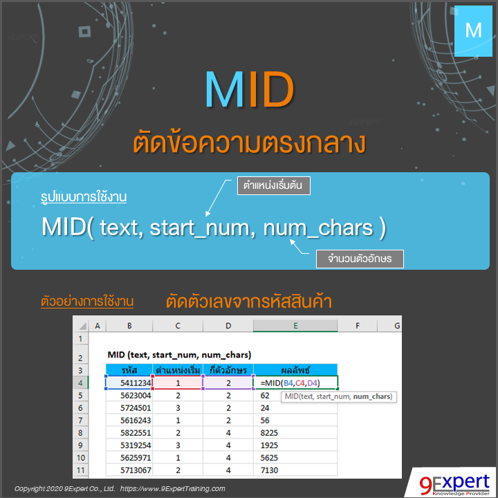 ฟังก์ชัน MID ของ Excel ใช้ตัดข้อความ โดยระบุจุดเริ่มต้นและจำนวนตัวอักษร
