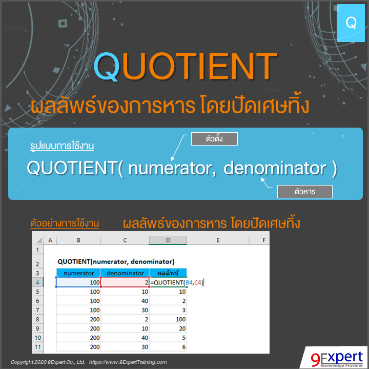 ฟังก์ชัน Quotient ของ Excel ใช้หาค่าการหารโดยไม่นับเศษ