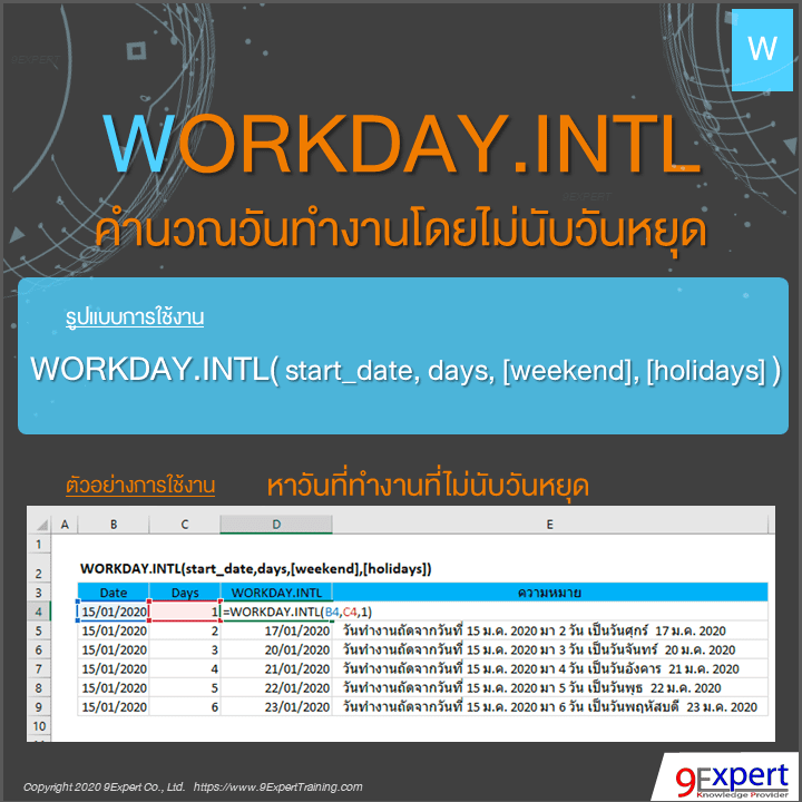 ฟังก์ชัน WORKDAY.INTL ของ Excel หาวันทำงานถัดไปโดยไม่นับวันหยุด