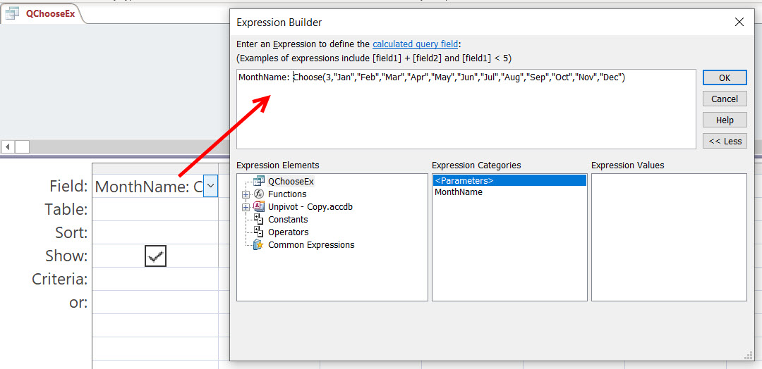 ตัวอย่างการใช้ฟังก์ชัน Choose ใน Query ด้วย Expression Builder 