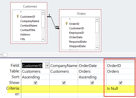 การกำหนด Criteria ของ OrderID ที่เป็นค่าว่าง Null