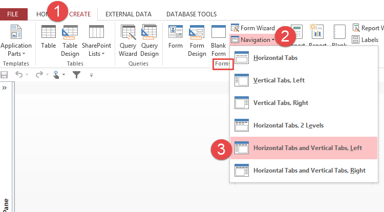 คลิกที่ Create tab ที่ Forms group คลิก Navigation คลิก horizontal Tabs  and Verticle Tabs, Left ดังรูป