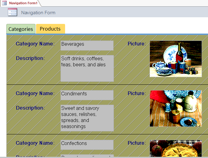 Navigation Form ที่มี 2 Tab คือ Categories และ Products โดยแสดงข้อมูลของ Category ต่างๆ ใน Tab Categories