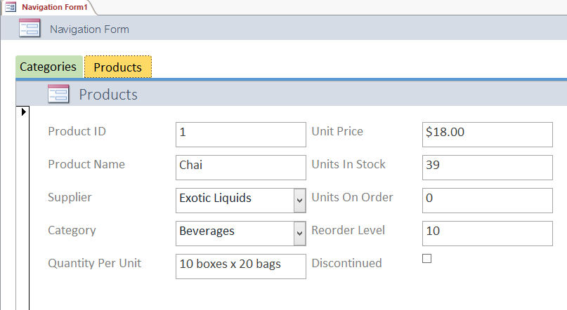 Navigation Form ที่มี 2 Tab คือ Categories และ Products โดยแสดงข้อมูลของสินค้าต่างๆ ใน Tab Products