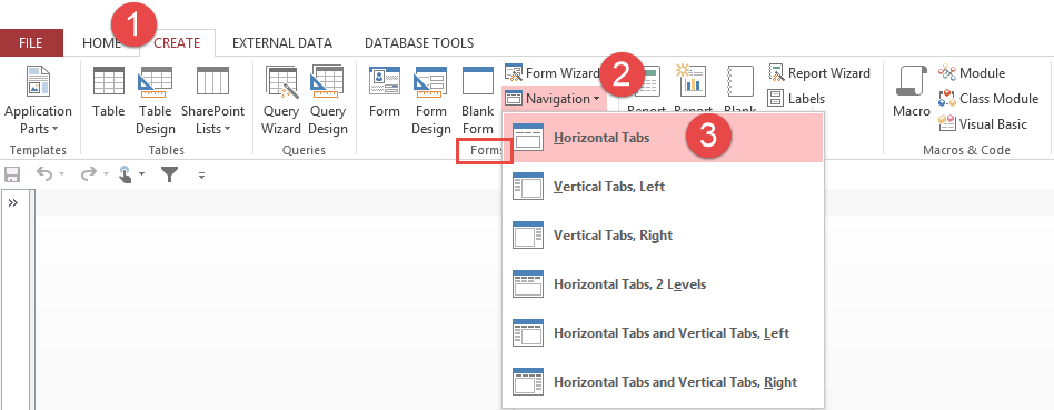 คลิกที่ Create tab  ที่กลุ่ม Forms คลิก Navigation แล้ว คลิก Horizontal Tabs