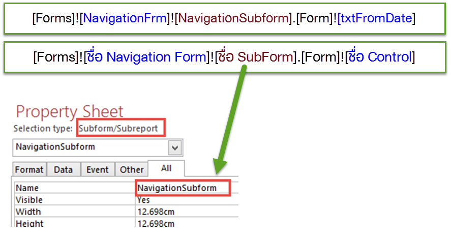 การกำหนด Parameter จะต้องทราบชื่อของ Subform ด้วย