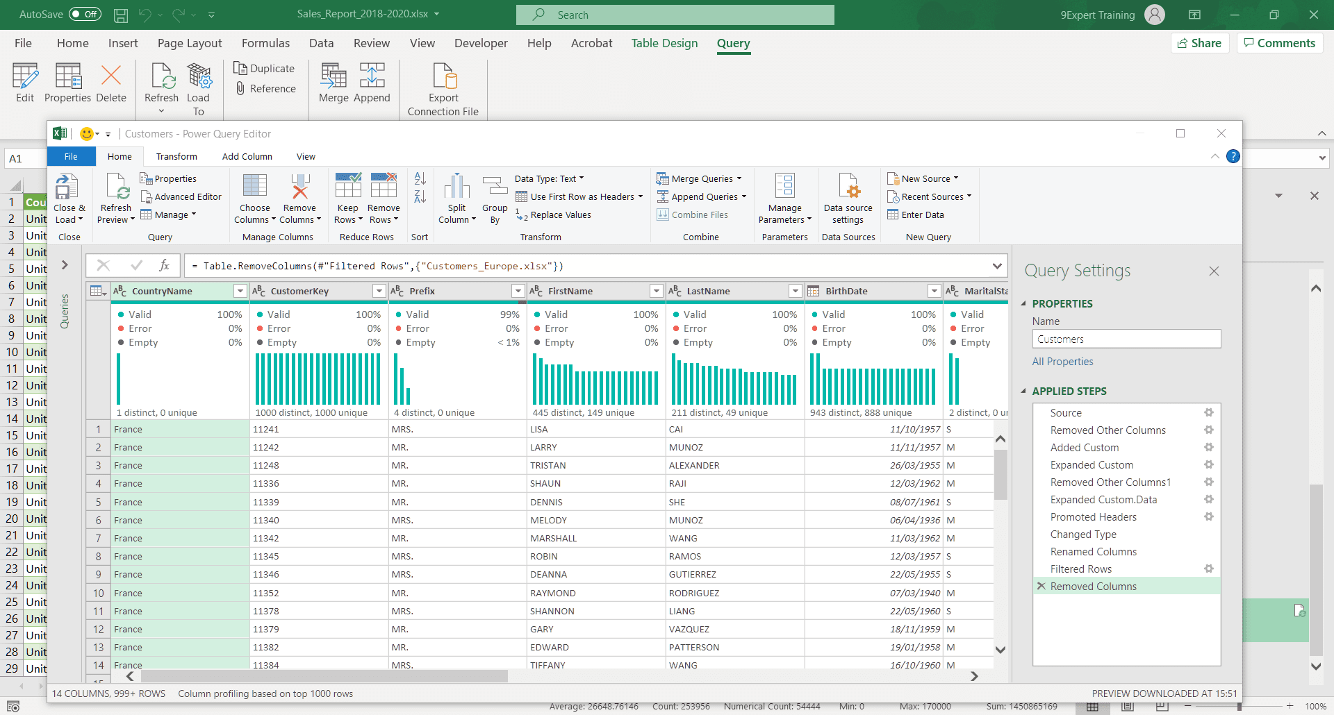 หน้าต่างของ Power Query Editor และ Ribbon Query ใน Microsoft Excel