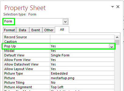 กำหนดคุณสมบัติของ Form โดยกำหนด Popup ให้เป็น Yes