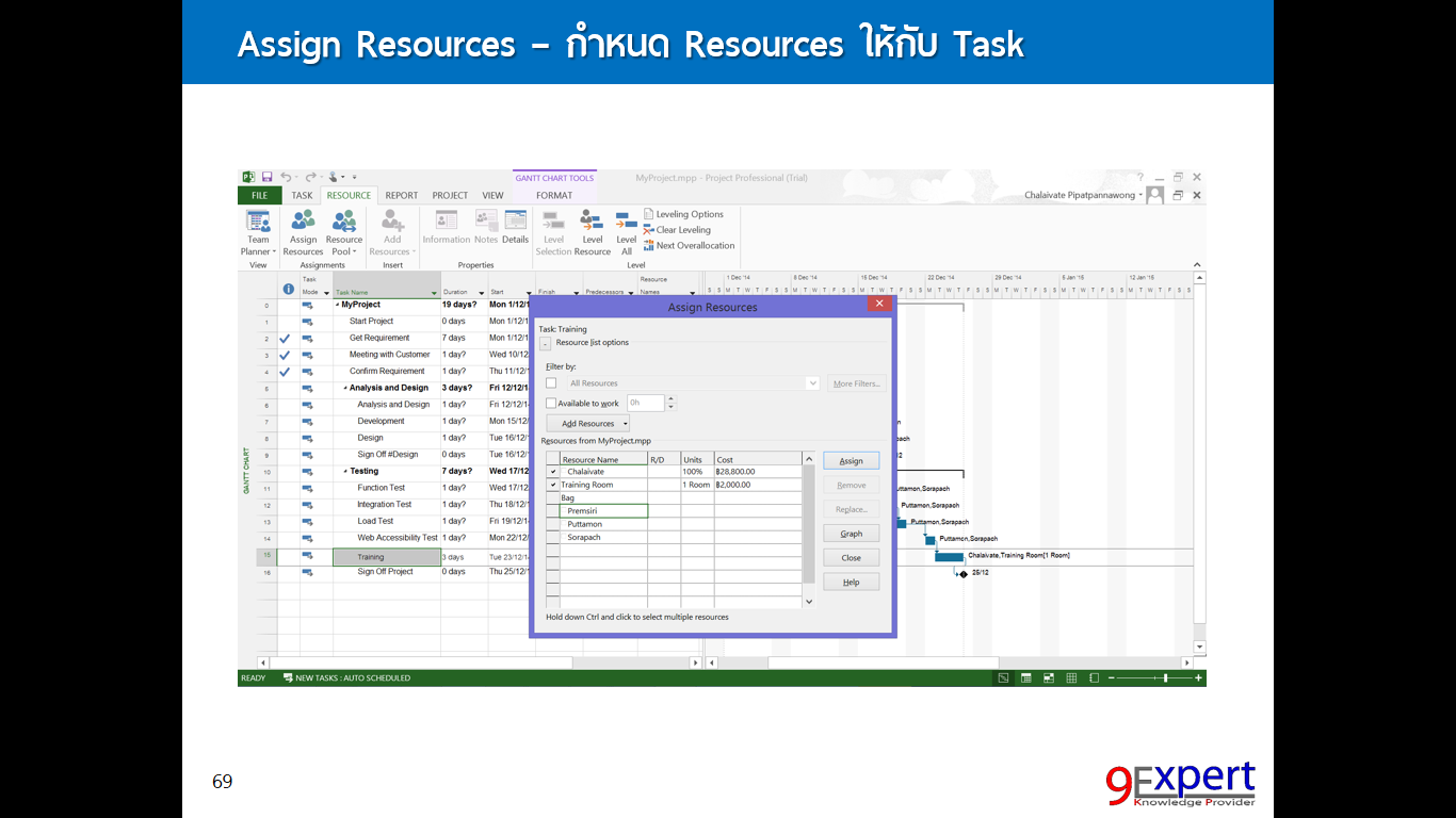 การ assign resource ให้กับ task ใน Gantt Chart