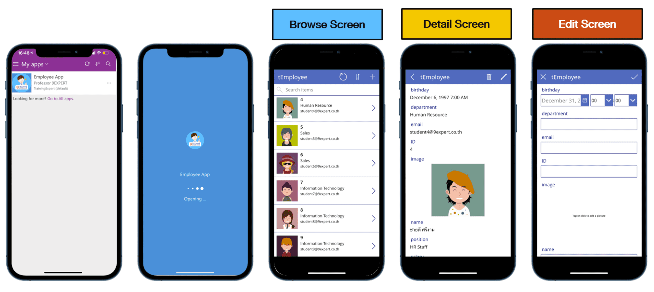 ตัวอย่างของ Screen และการเรียกใช้งาน Canvas App ของ Power Apps