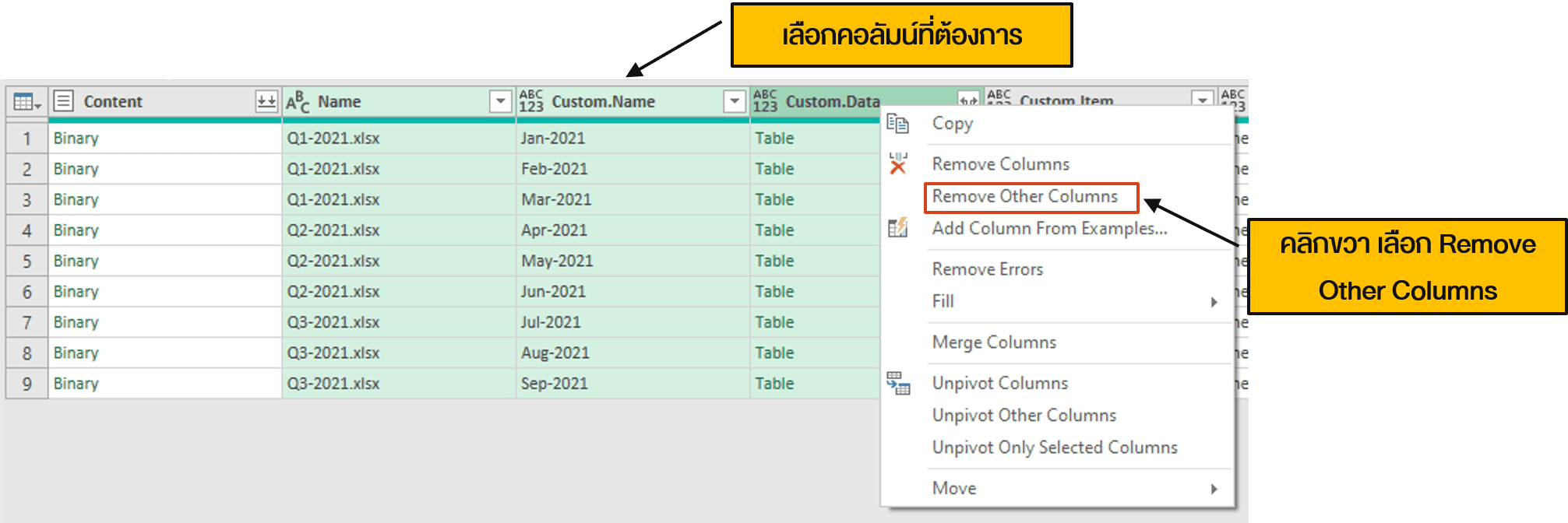 เลือกคอลัมน์ที่ต้องการใช้ต่อหลังจากการทำขยายข้อมูลออกมา