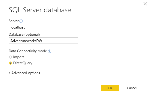เชื่อมต่อไปยัง Microsoft SQL Server Database Engine ผ่านโหมด DirectQuery ไปยังฐานข้อมูล
