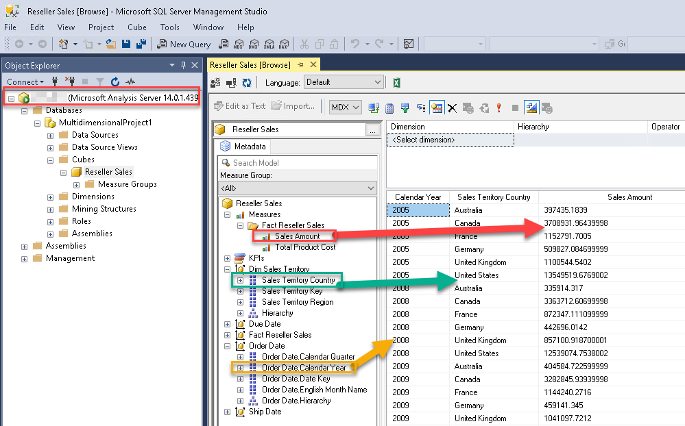 เชื่อมต่อไปยัง Microsoft SQL Server Analysis Service ผ่านทาง SSMS จะพบกับฐานข้อมูลชื่อ MultidimensionalProject1