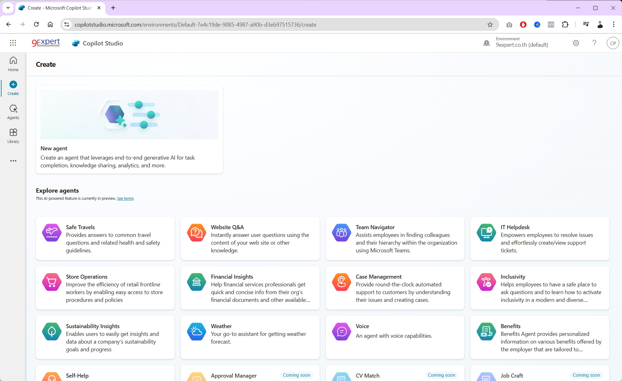 หน้าเว็บไซต์ของ Microsoft Copilot studio สำหรับการทำ AI Agent