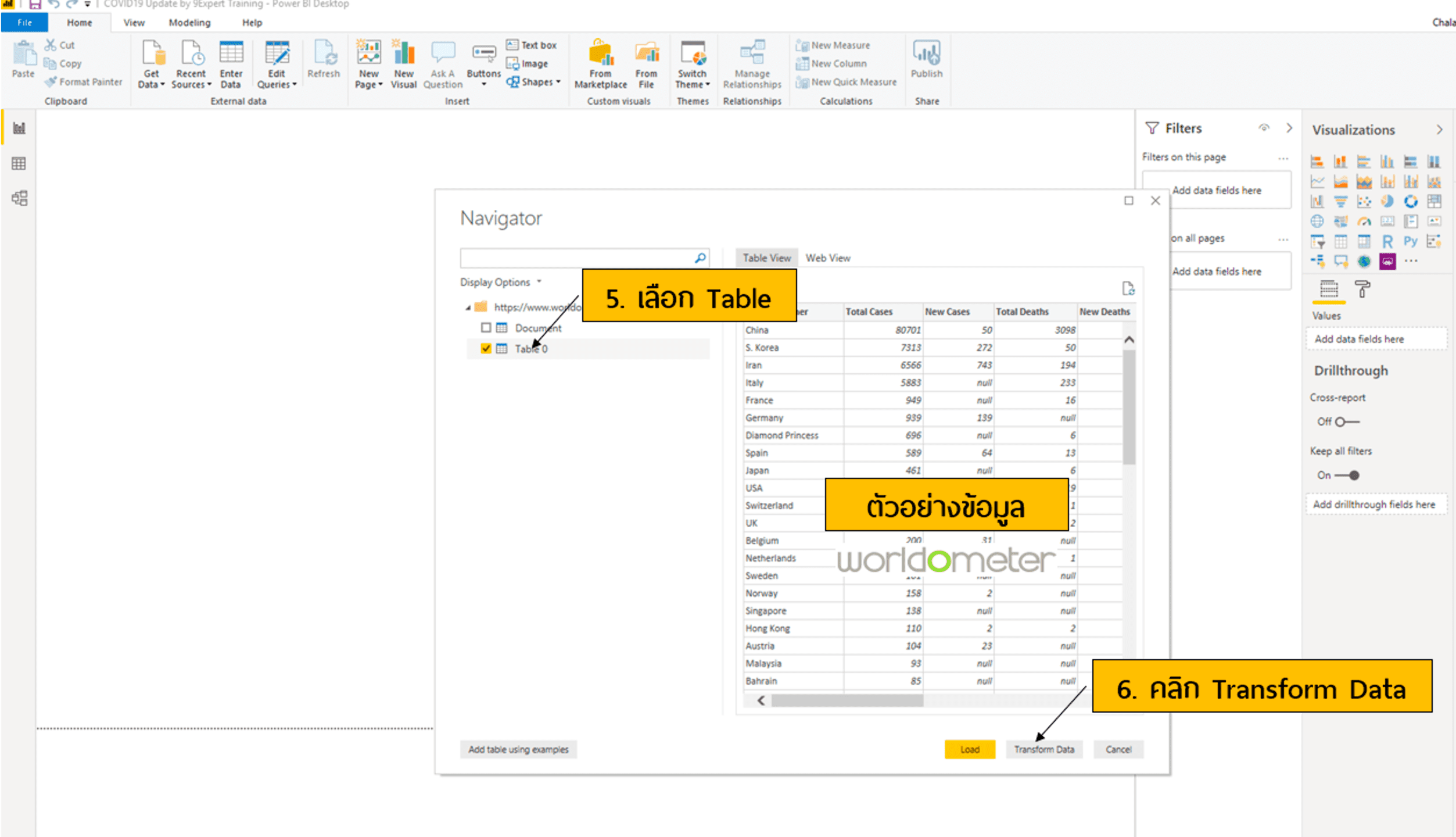 การเลือกข้อมูลตารางเพื่อทำการ Transform Data