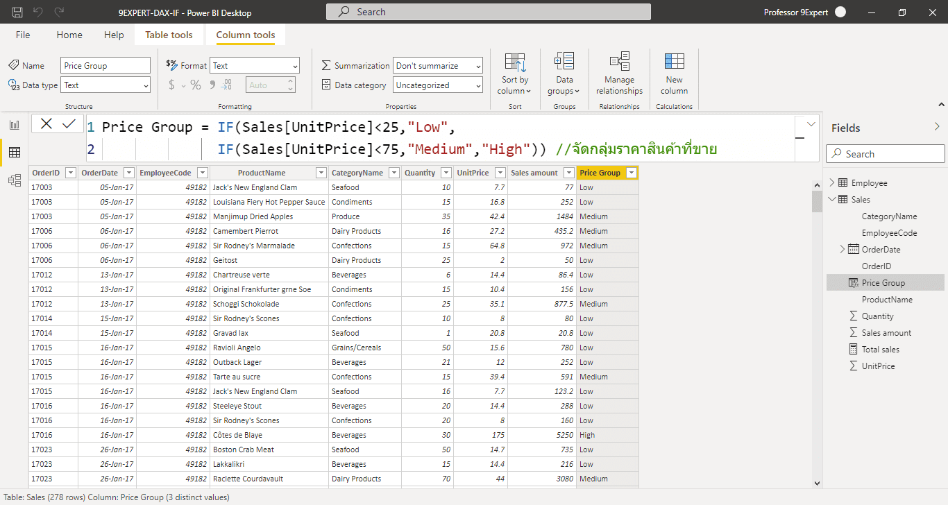 ตารางข้อมูล Sales ที่มีการสร้างคอลัมน์ Price Group โดยใช้ฟังก์ชัน IF ในการคำนวณ