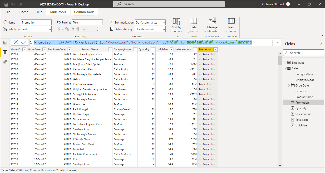 ตารางข้อมูล Sales ที่มีการสร้างคอลัมน์ Promotion โดยใช้ฟังก์ชัน DAY เป็นส่วนในการคำนวณ