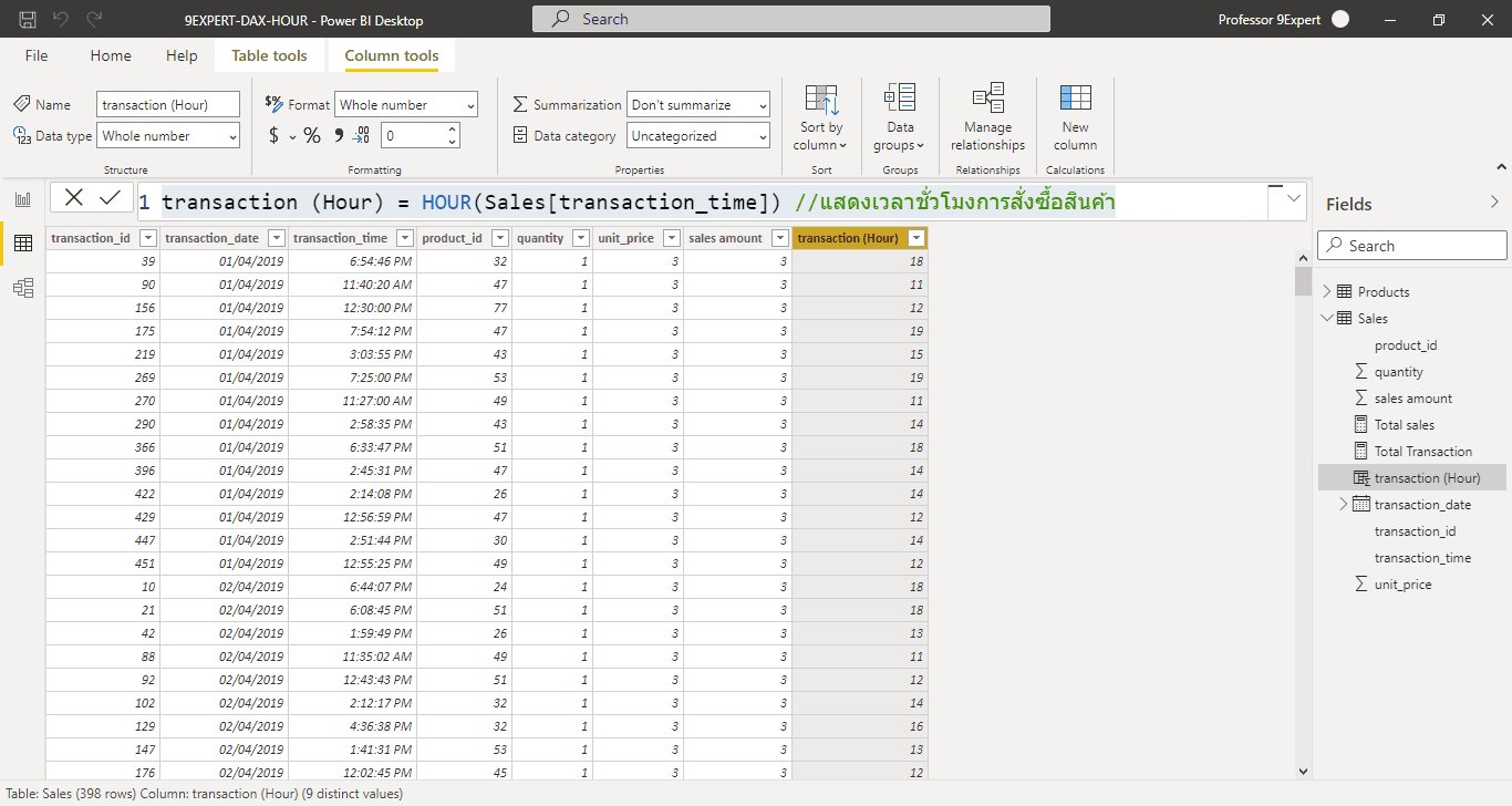 ตารางข้อมูล Sales ที่มีการสร้างคอลัมน์ transaction (Hour) โดยใช้ฟังก์ชัน HOUR ในการคำนวณ