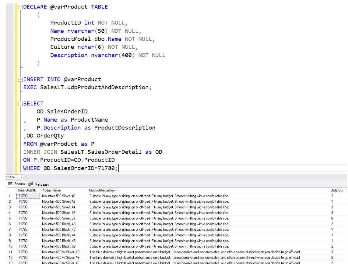 ผลลัพธ์การ Join กันของ Table Variable  ชื่อ varProduct และ Stored Procedure ชื่อ SalesLT.udpProductAndDescription