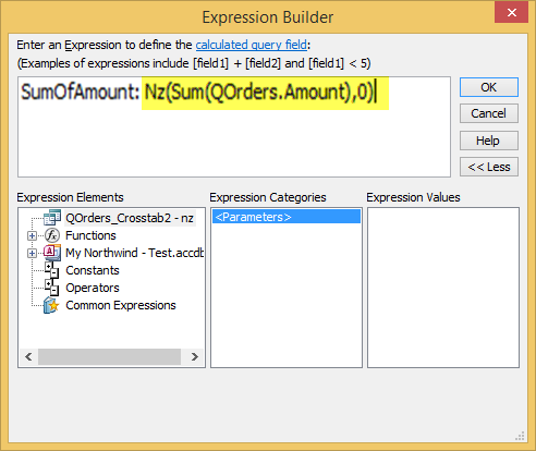 การกำหนด ฟังก์ชัน Nz ด้วย Expression Builder