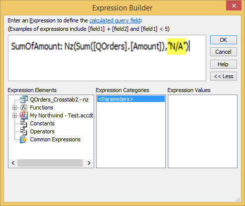 การกำหนด ฟังก์ชัน Nz ด้วย Expression Builder 