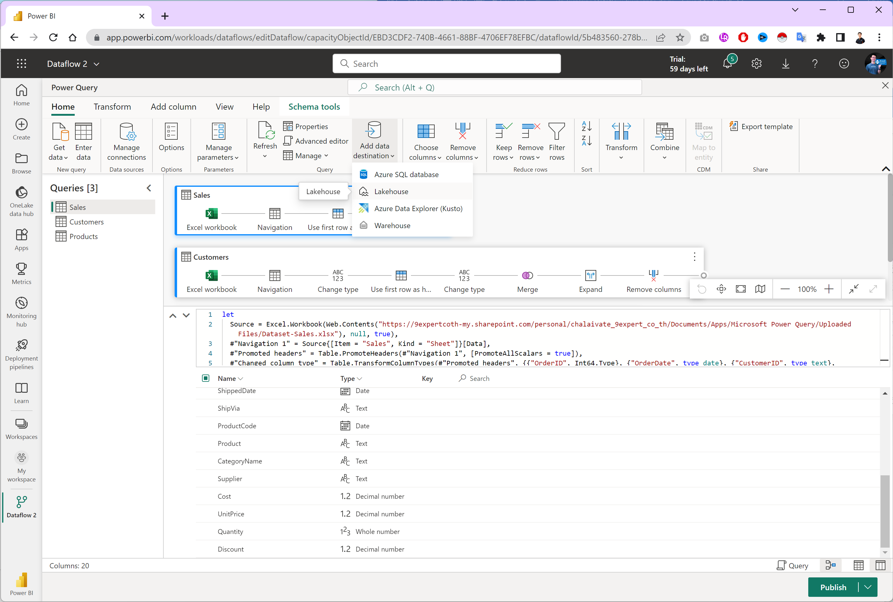 Dataflow สามารถกำหนด Destination ต่าง ๆ ได้ทั้ง Azure SQL database, Lakehouse, Azure Data Explorer, Warehouse