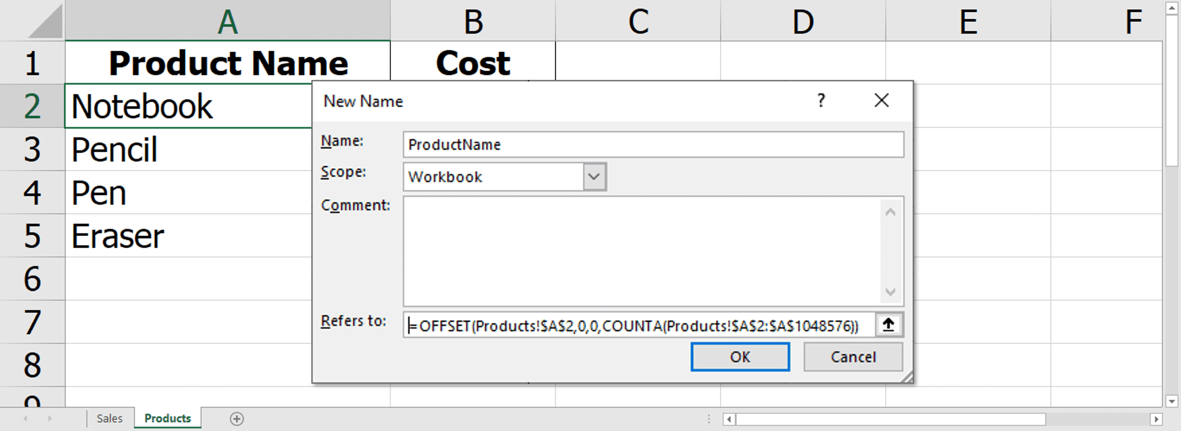 การตั้งชื่อ Define Name สำหรับการทำ Dynamic Data Validation List