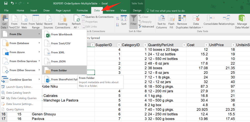 คลิกที่ Get Data ใน Data Tab แล้วเลือกประเภทของข้อมูลที่ต้องการ