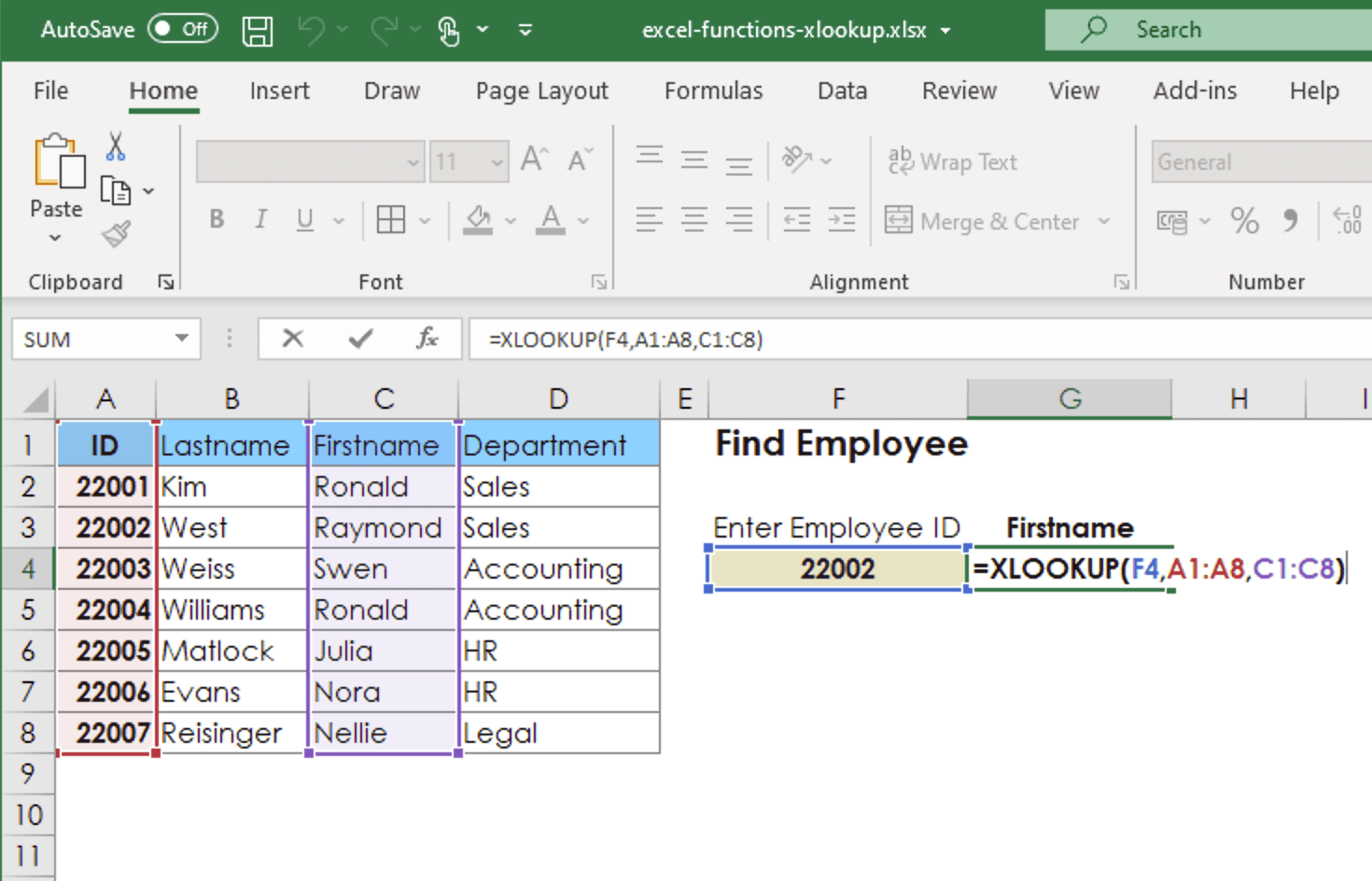 ตัวอย่างการใช้งาน XLOOKUP เพื่อคำนวณ ชื่อพนักงาน