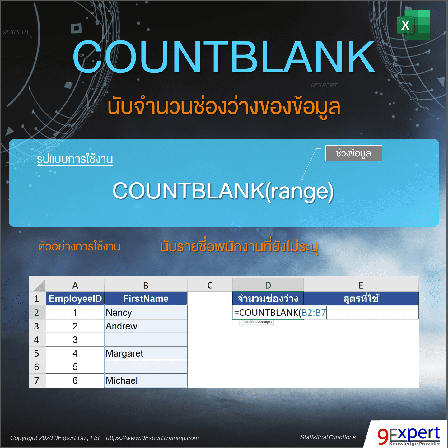 ตัวอย่างการใช้งานฟังก์ชัน COUNTBLANK ของ Excel