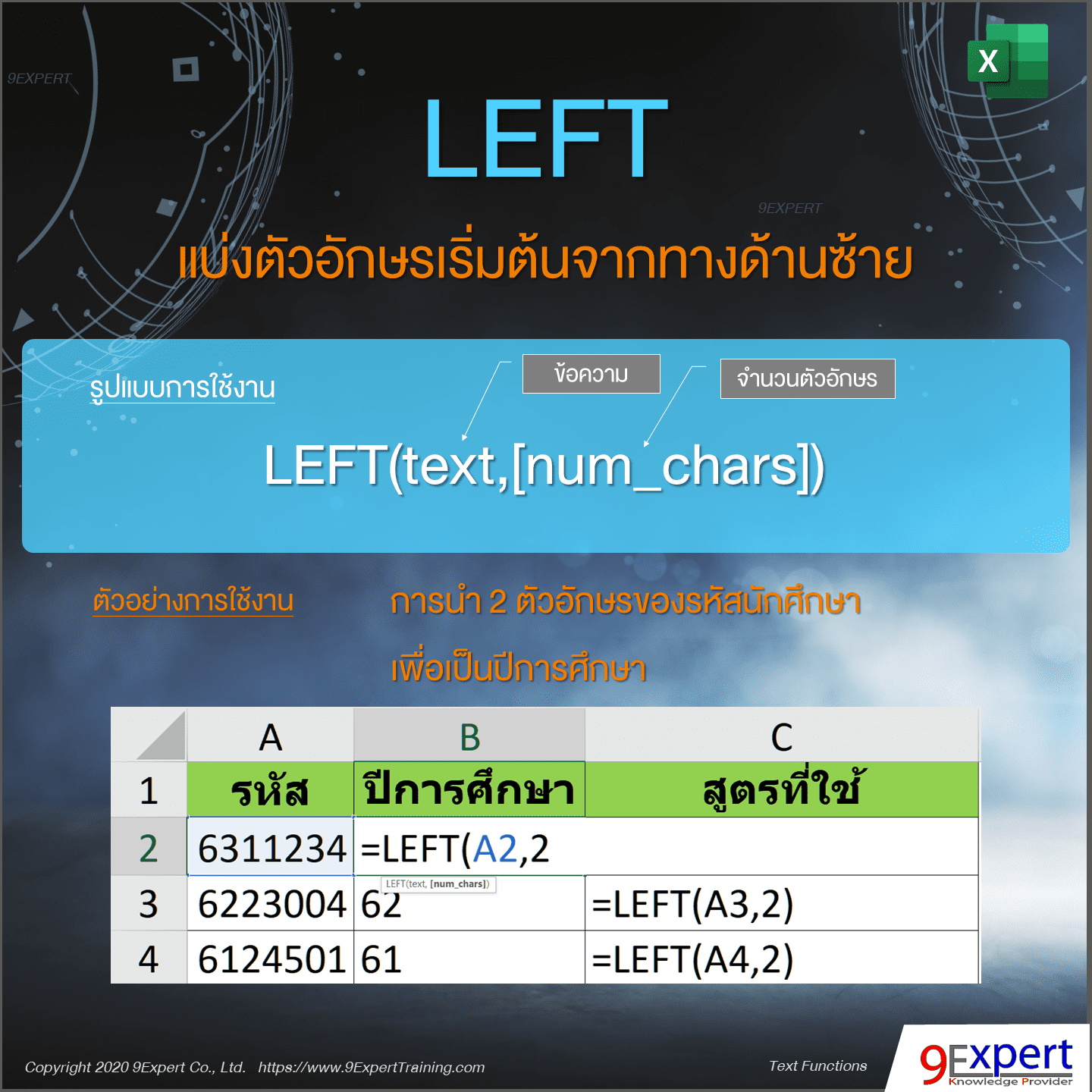 ตัวอย่างการใช้งานฟังก์ชัน LEFT ของ Excel