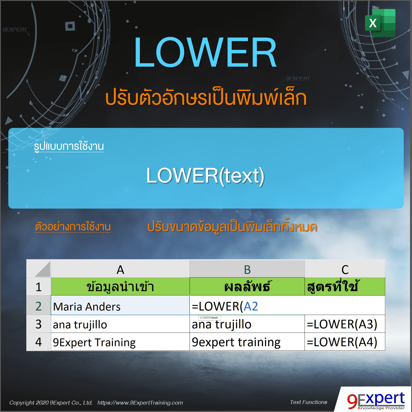 ตัวอย่างการใช้งานฟังก์ชัน LOWER ของ Excel