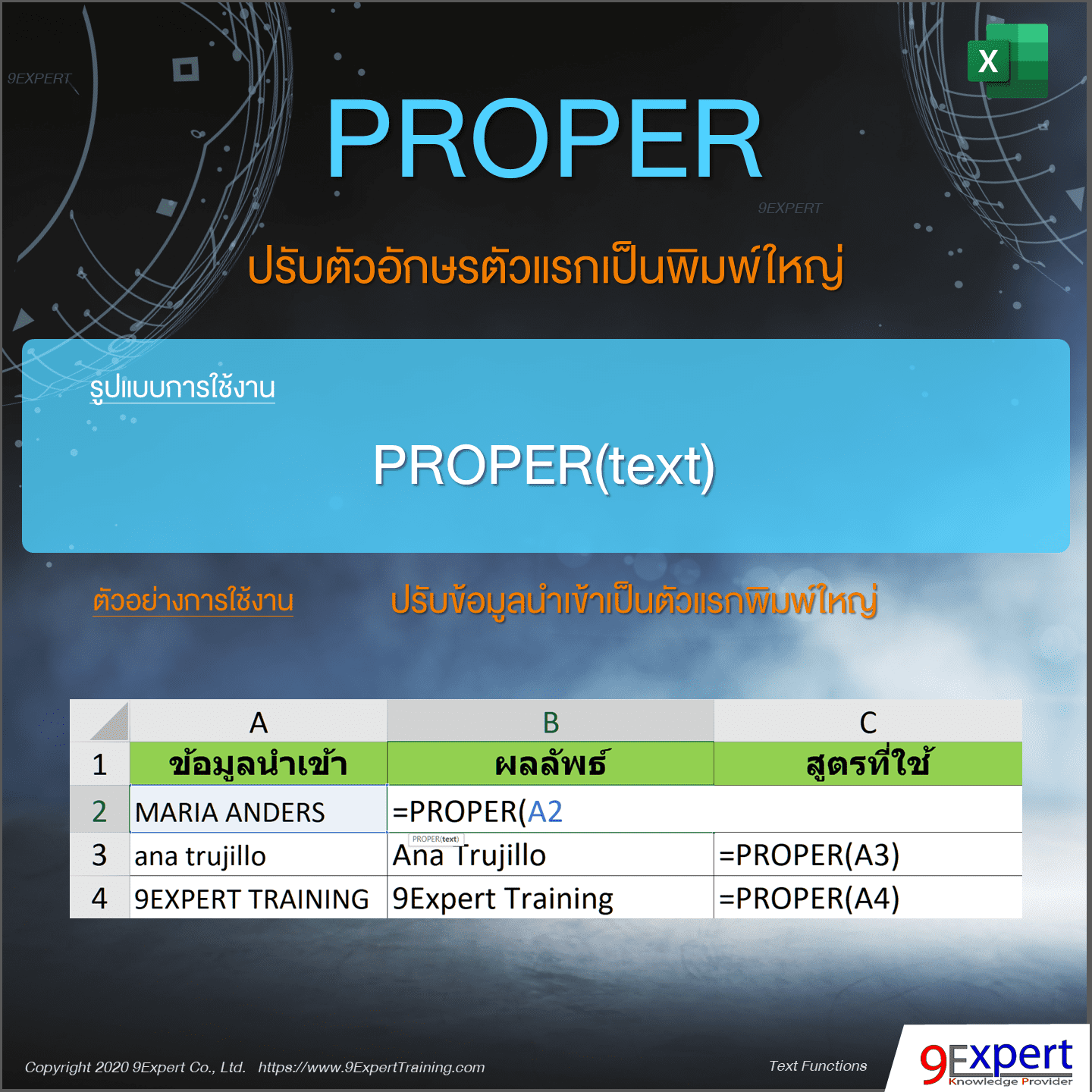 ตัวอย่างการใช้งานฟังก์ชัน PROPER ของ Excel